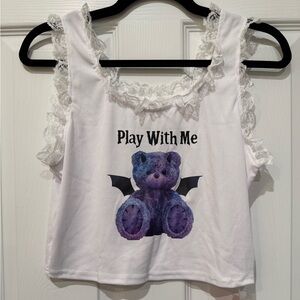 Lace Trim White Cropped Ribbed Tank with Purple Bear Graphic NWT